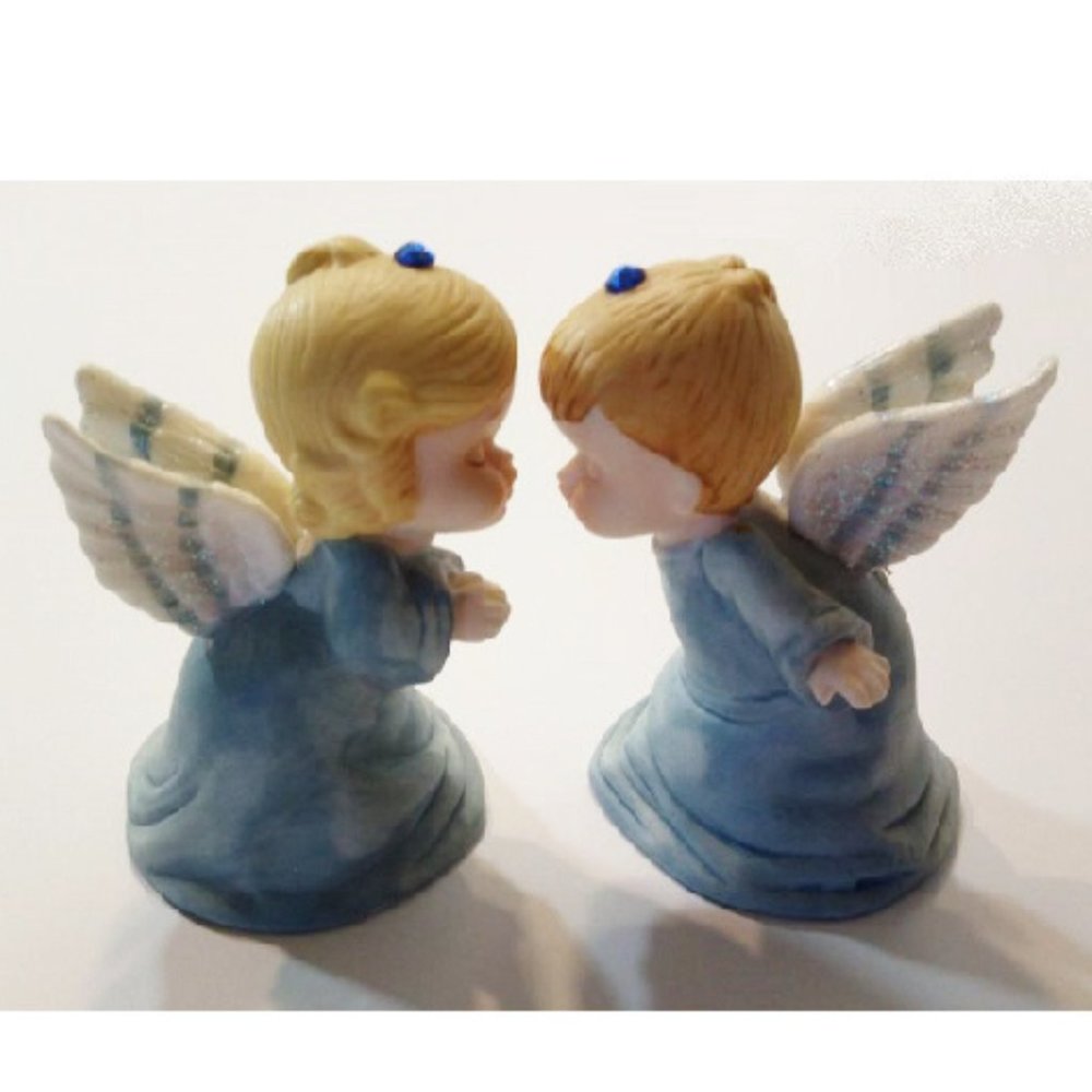 “Kissing Angels" Blue & White Bisque Porcelain Bells - Giftco Inc